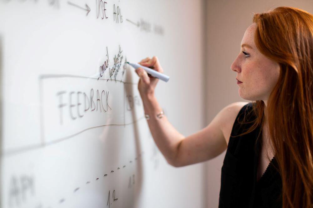 woman writing about feedback on a white board - part of instructional design with SAM