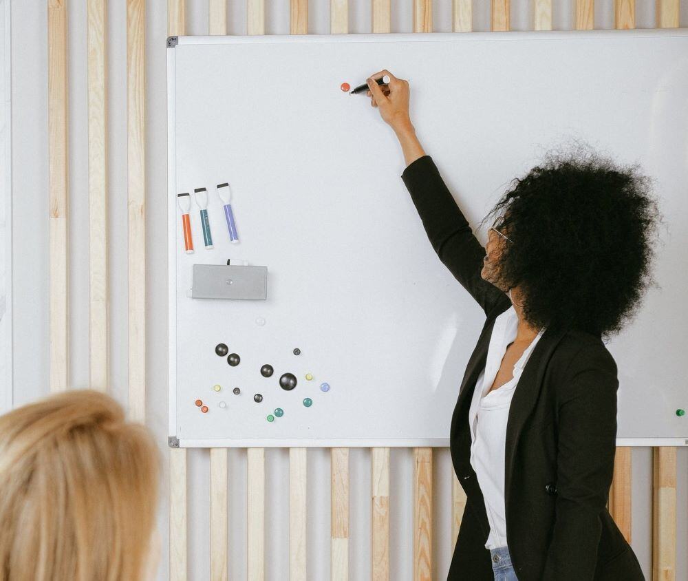 woman prepping at the whiteboard for an action mapping session