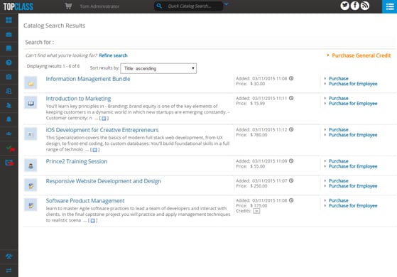 TopClass LMS Course Catalog Screen