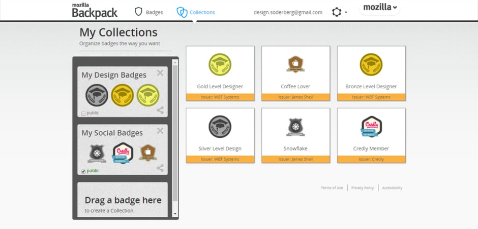 Mozilla OpenBadges Backpack showing badges earned in WBT System's TopClass LMS