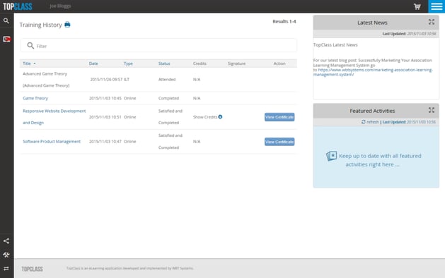 TopClass LMS Learner Training History Screen